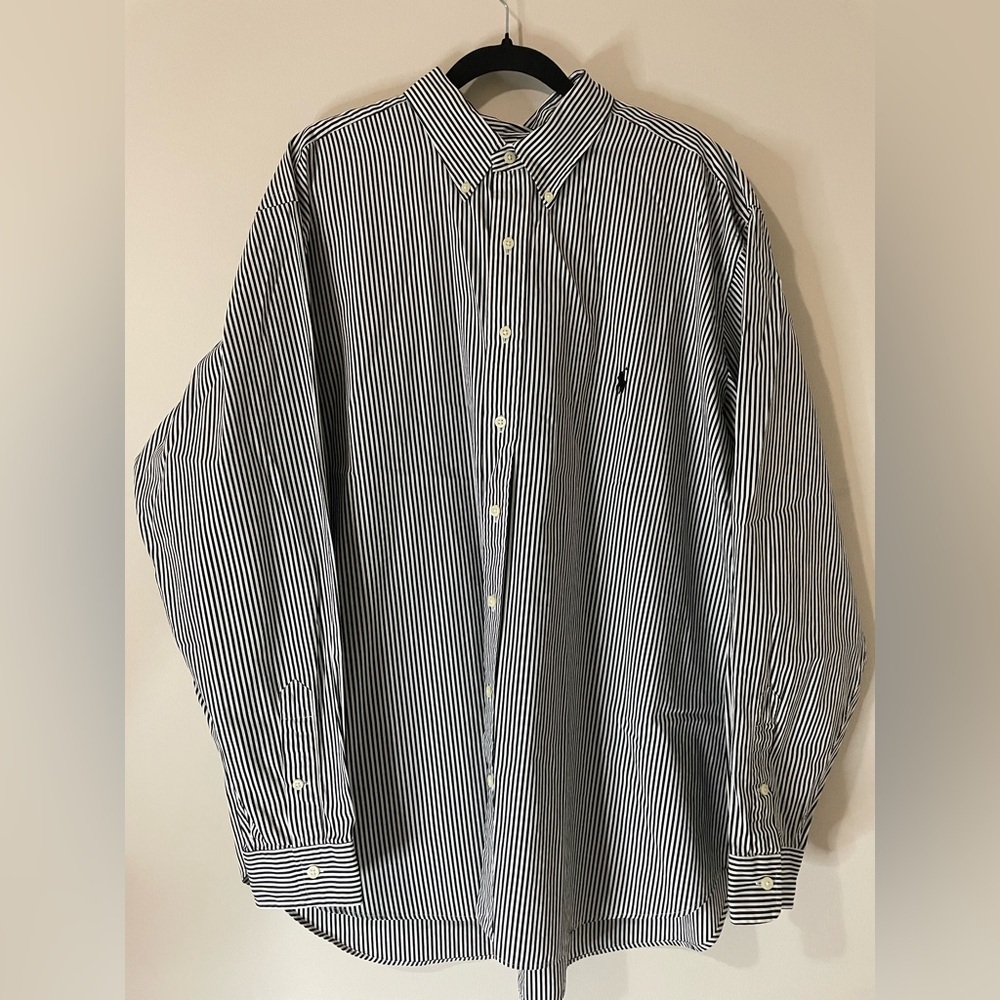 Ralph Lauren Black And White Striped Button Front Long Sleeve Dress Shirt 2XB